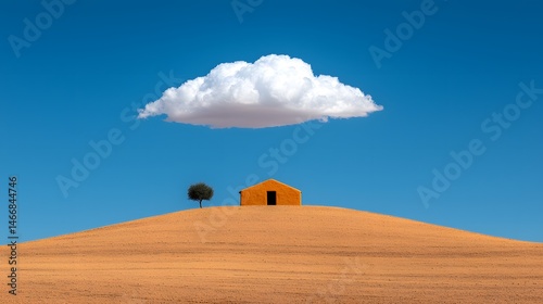 Solitary Yellow House Under a Cloud in a Vast Desert Landscape