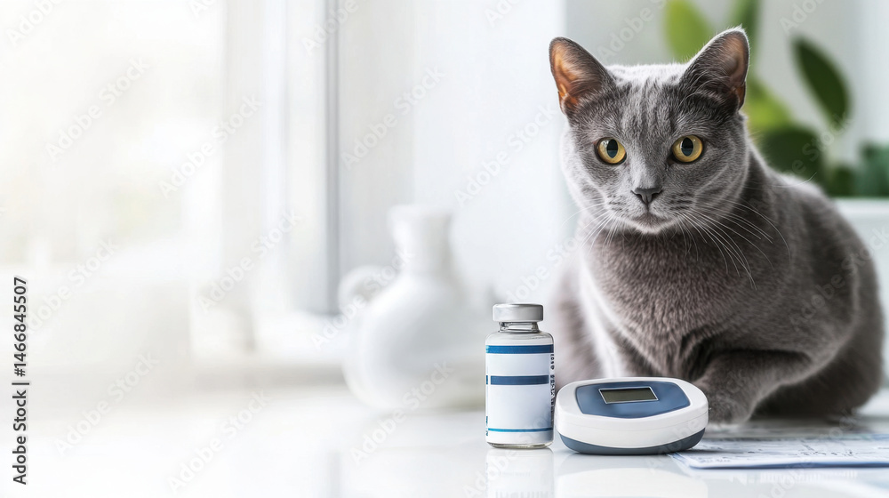 Cat on examination table beside glucometer, insulin vial and blood sugar chart in bright clinical light