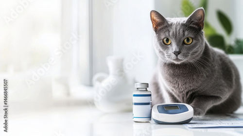 Obraz na płótnie Cat on examination table beside glucometer, insulin vial and blood sugar chart in bright clinical light w salonie