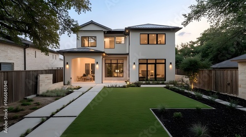 Modern Two Story House Exterior Backyard Design with Artificial Turf and Concrete Pathway