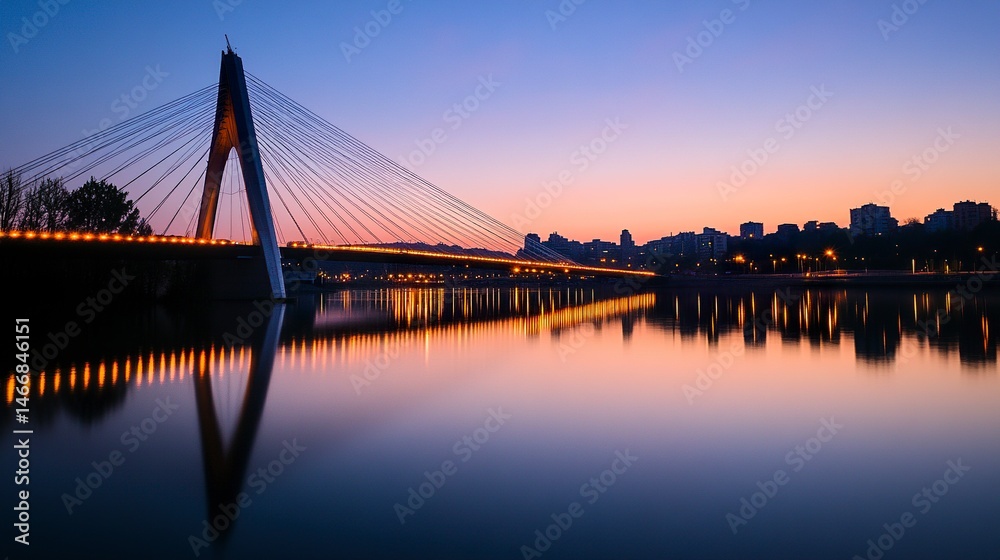 Obraz premium A majestic suspension bridge glowing in twilight hues, its reflection stretching across tranquil waters, framed by a quiet cityscape ideal for travel themes. 