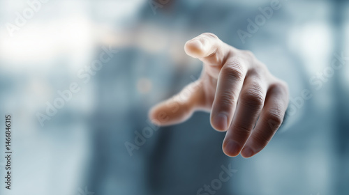 Close-up of a businessman’s hand pointing forward as if touching a virtual screen, symbolizing leadership, decision-making, and digital interaction.

