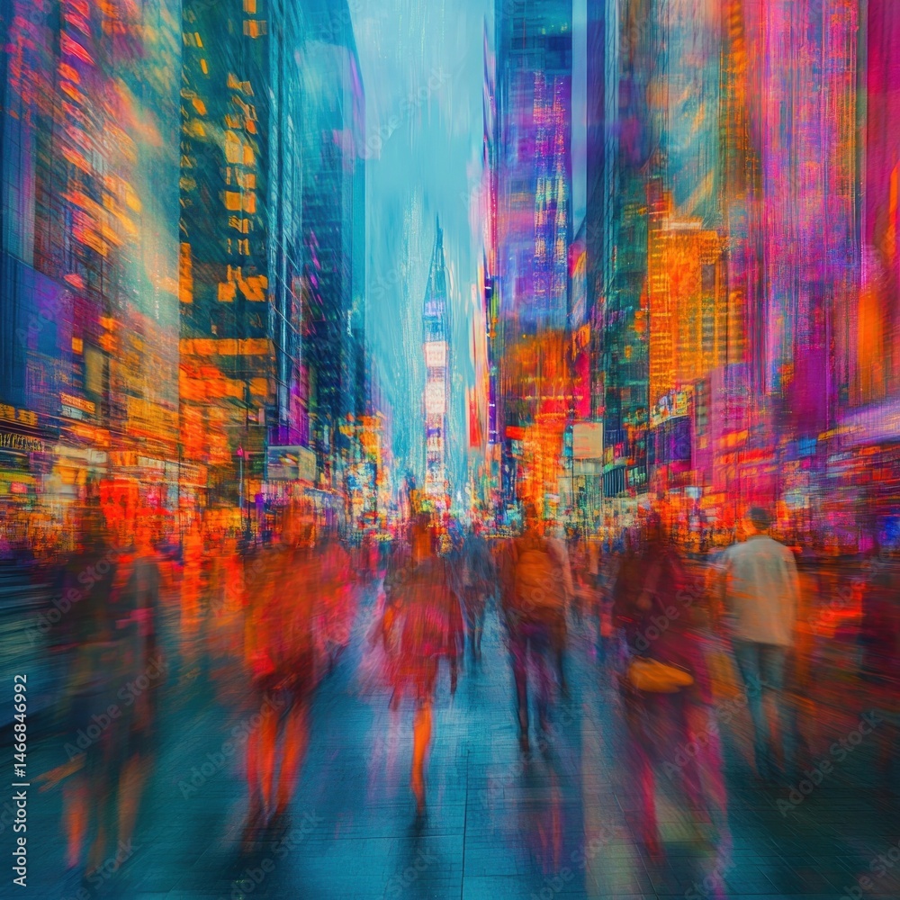 Naklejka premium Vibrant city street scene at night, filled with blurred people and colorful lights