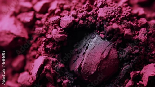 Close-up view of a vibrant purple powder surrounding a spherical object, illustrating texture and color contrast