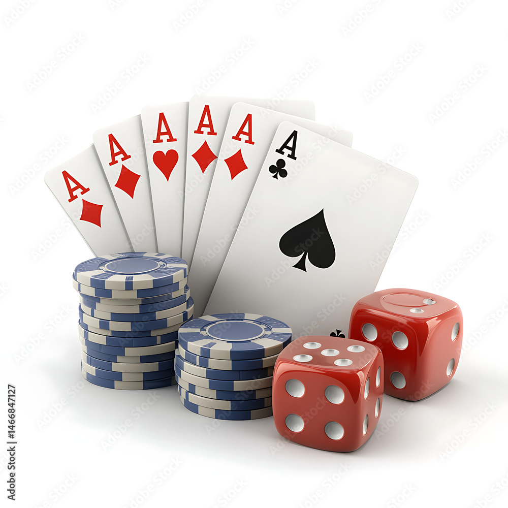 Obraz premium Casino poker scene with four aces, red dice, and blue chips on white background, perfect for gambling concept, game night, Las Vegas ads, casino promotions, poker tournaments, or betting visuals