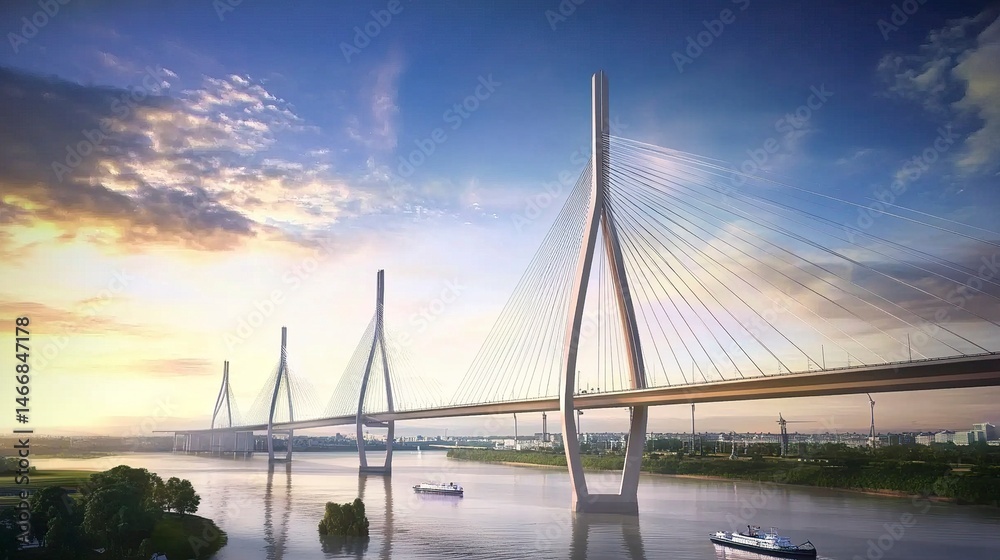 Obraz premium A massive cable-stayed bridge spanning a wide river, its tall towers and sleek cables creating a striking silhouette against the sky. 64
