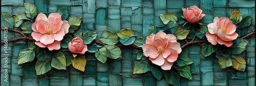 Flowers and leaves of roses wind around a charming fence, forming a delicate intertwined pattern. Subtle beauty, garden romance.