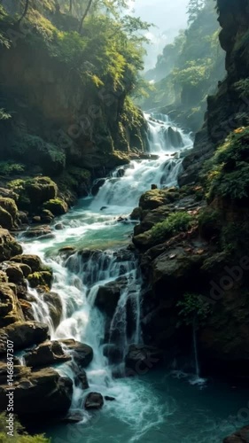 Hyper realistic animation of a majestic waterfall cascading through rocky cliffs surrounded by lush green forests for tranquility
