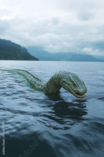 Loch Ness Monster rising from the water surface in Scotland mythical creature cryptozoology Nessie lake monster legend