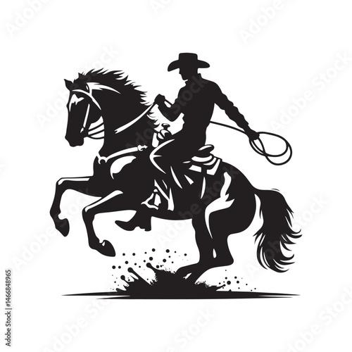 Rodeo Performer Vector Silhouette, Cowboy Skills, Rodeo Action, Wild West Event, Rodeo Athlete, Western Rodeo, Cowboy Performance, Bull Riding.
