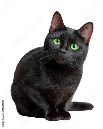 Beautiful black cat with bright green eyes sitting transparent background perfect for pet animal or halloween themes isolated on transparent background