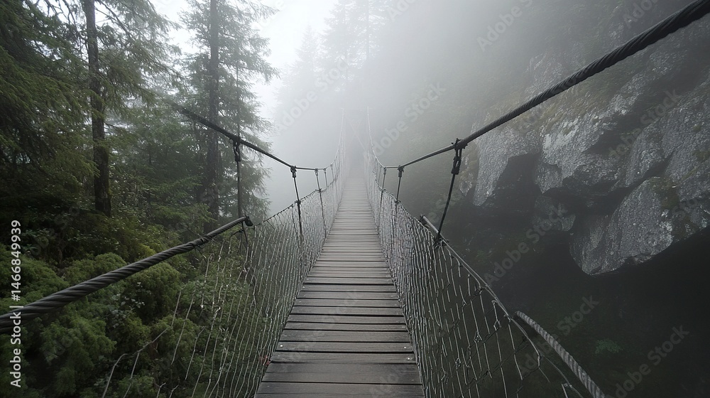 Fototapeta premium A misty forest scene with a rustic wooden suspension bridge spanning a deep, rugged ravine, the rocks below barely visible through the fog. 