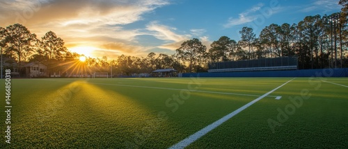 Empty green soccer field at sunset with bright sunburst and blue sky in the background wide angle shot with trees and buildings