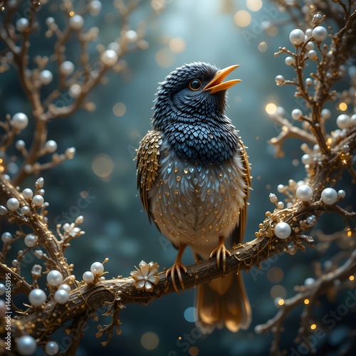 A blue and gold bird sits on a branch decorated with pearls amidst the lush nature.