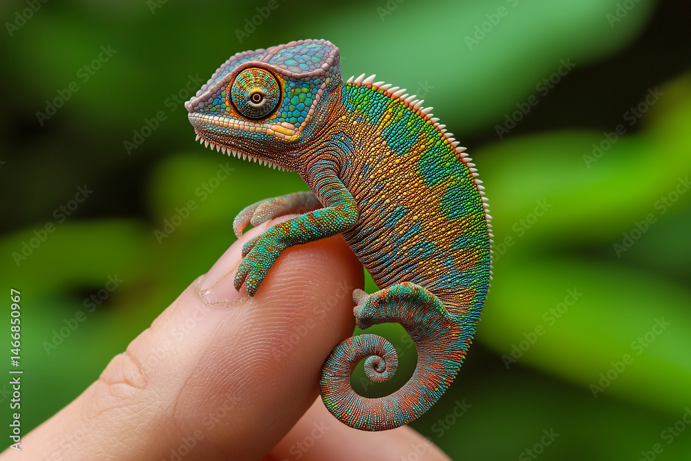 Fototapeta premium Hyperrealistic miniature chameleon clings to fingertip in vibrant garden setting during sunny afternoon