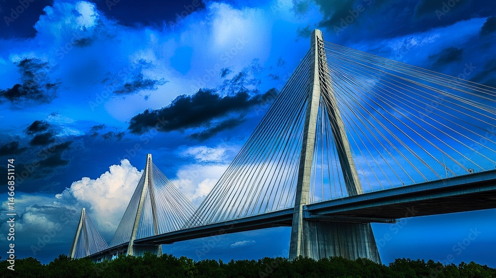 Obraz premium A modern cable-stayed bridge captured low and centered, its towering masts slicing into a deep blue sky, symbolizing engineering innovation. Vibrant tones 