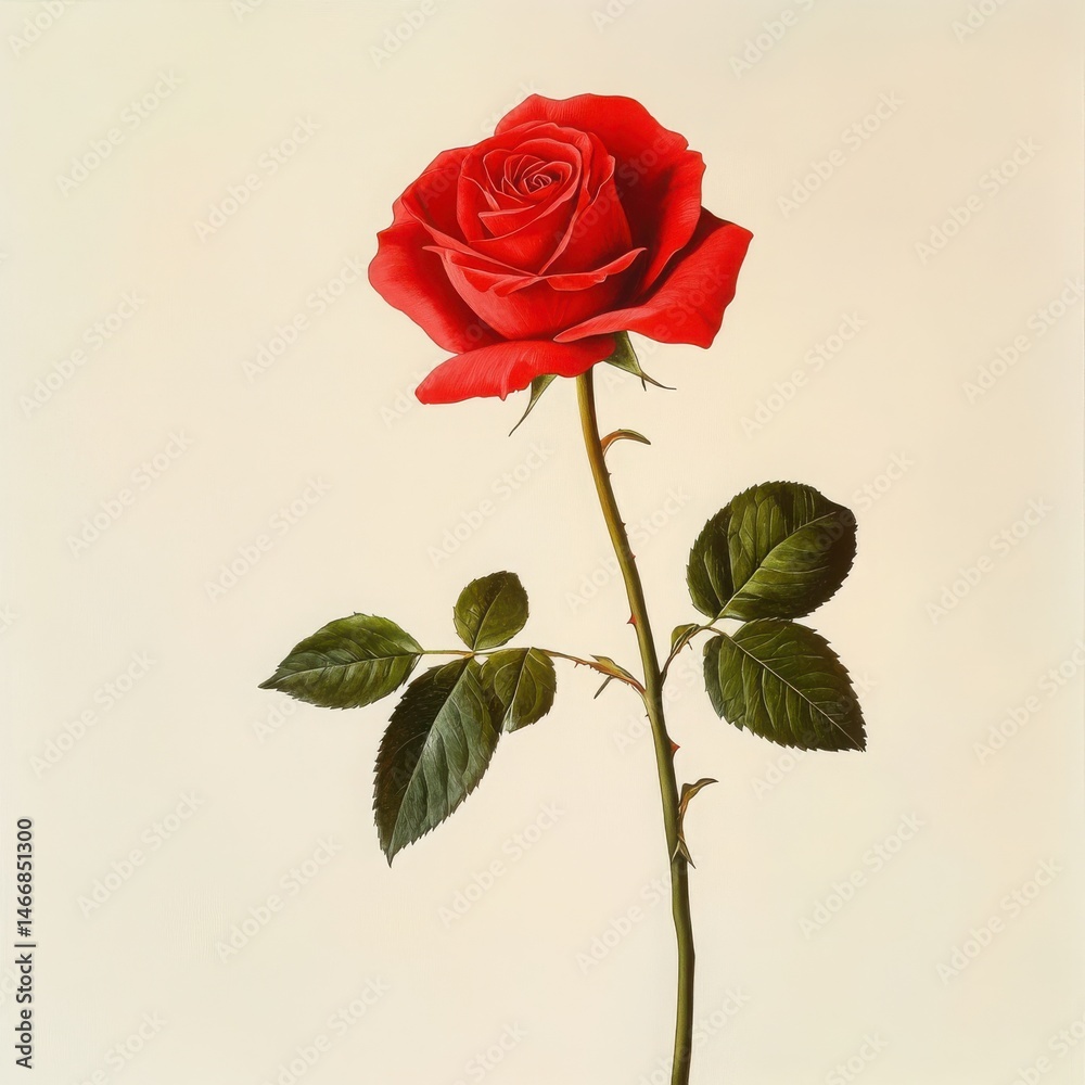 Fototapeta premium Elegant red rose with stem and leaves on white background