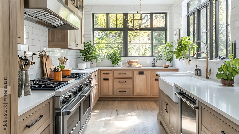 Fototapeta premium Bright Farmhouse Kitchen with Natural Light and Modern Appliances