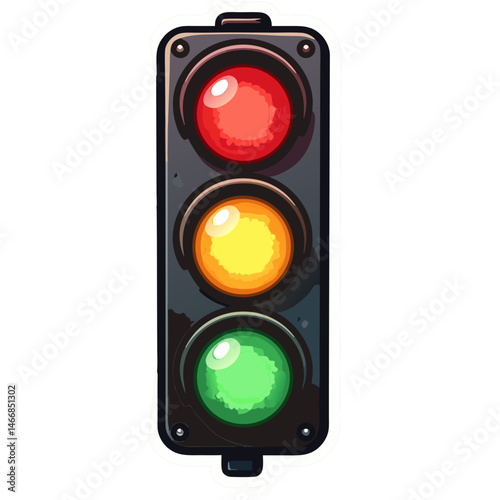 A standard three-light traffic signal shows red, yellow, and green lit indicators