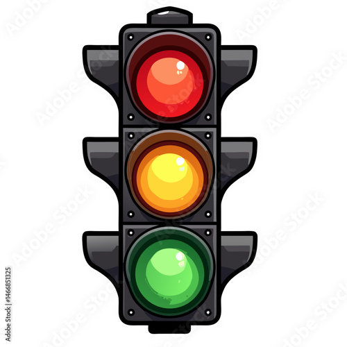 A modern traffic light, angled slightly, showcases all three lights—red, yellow, and green