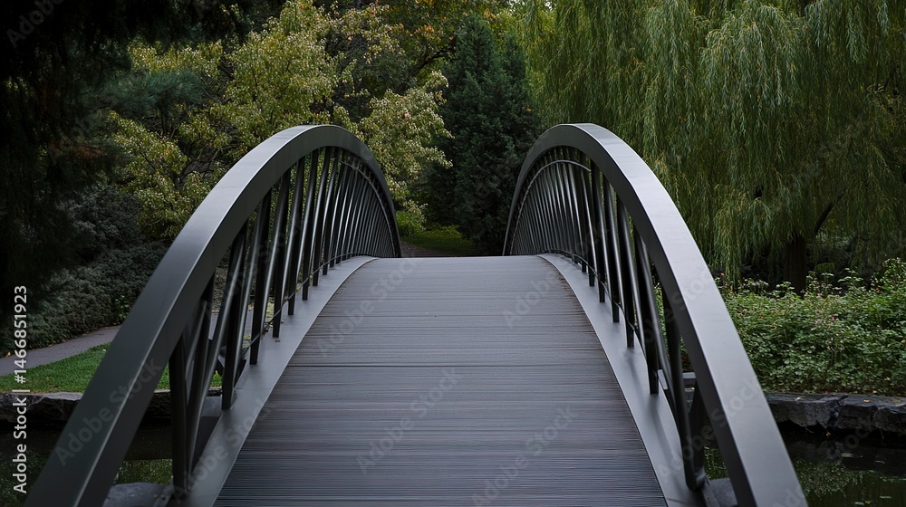 A modern curved steel bridge supported by two sleek main arches, its elegant design showcasing symmetry and engineering precision. A modern curved steel bridge supported by two sleek main arches, its elegant design showcasing symmetry and engineering precision.