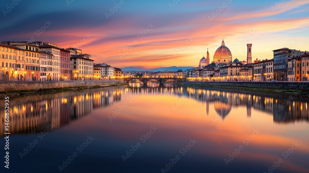 Obraz premium Breathtaking Cityscape at Dusk with Reflection in Water and Illuminated Buildings