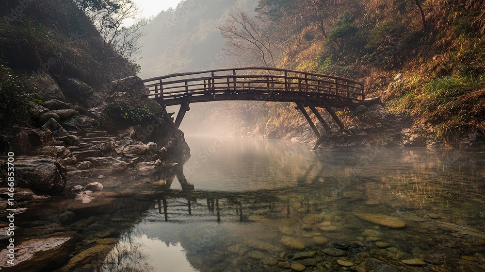 Fototapeta premium A moody morning scene of a wooden bridge over a clear mountain river, with swirling mist creating an enchanting, tranquil environment.