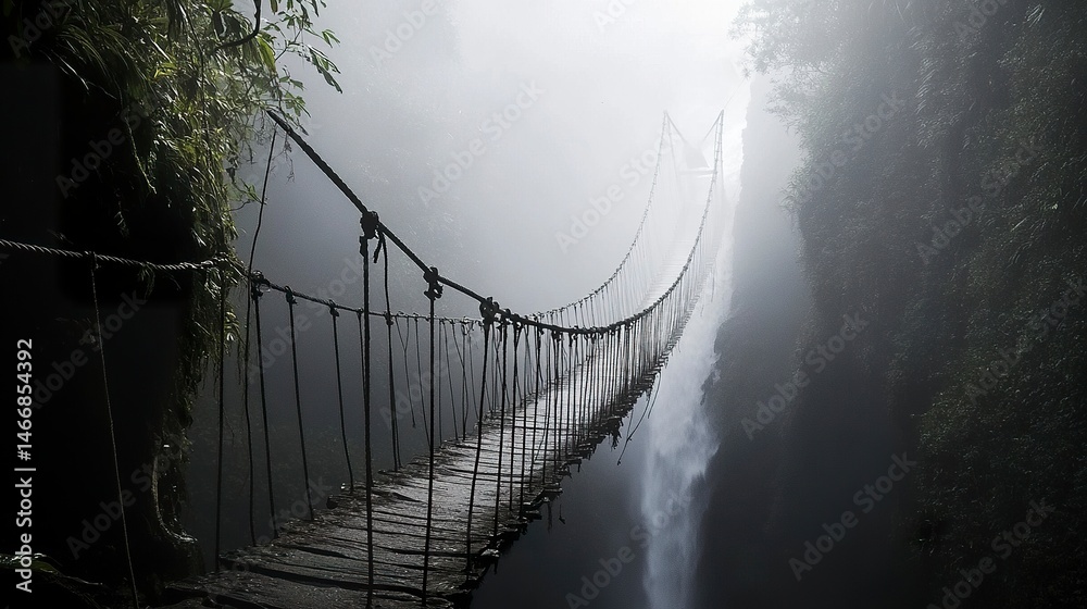 Obraz premium A narrow, old rope bridge crossing a misty jungle ravine, its fragile structure silhouetted against a towering, mist-cloaked waterfall. 