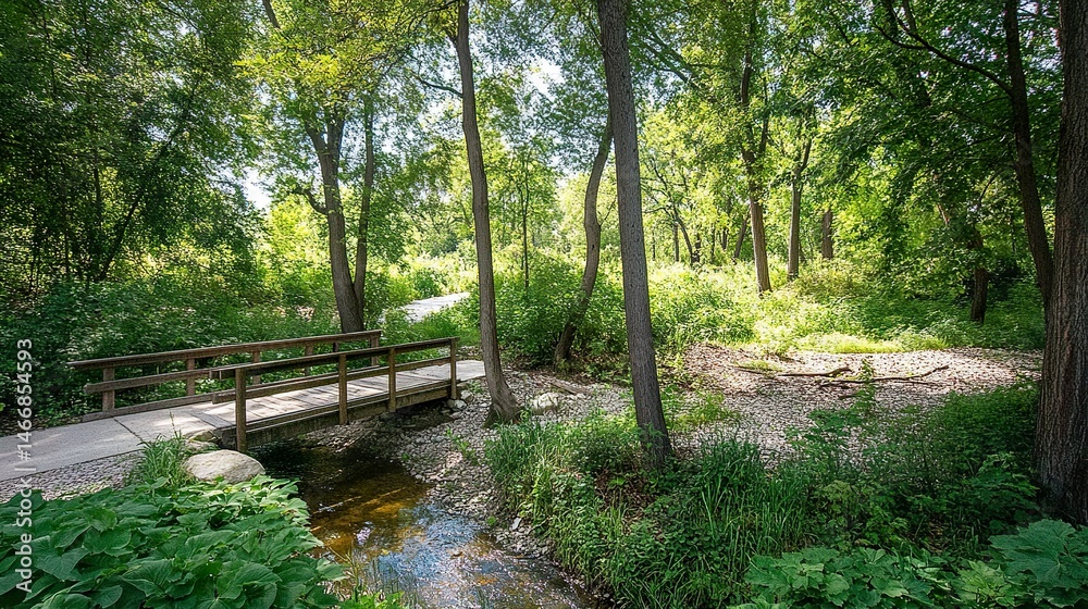 A narrow wooden bridge crossing a small, bubbling creek in a forest, the surrounding trees creating a peaceful, shaded haven. A narrow wooden bridge crossing a small, bubbling creek in a forest, the surrounding trees creating a peaceful, shaded haven.