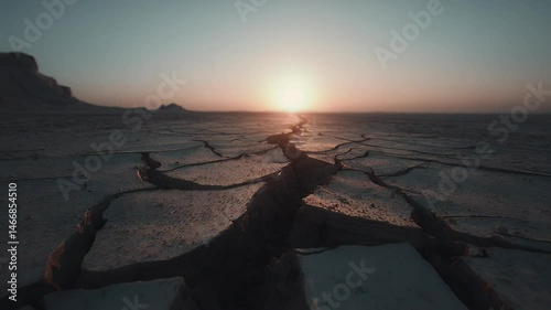 Cracked earth under a vibrant sunset, showcasing a barren landscape with distant mountains and a serene horizon