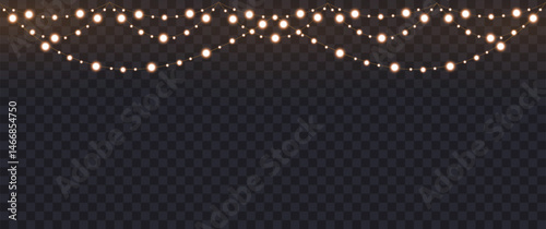 Gold Christmas garland on transparent background, new year light effect elements for banner, poster, flyer and xmas card. Horizontal yellow wires shining, led strips png, vector illustration.