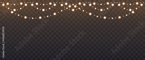 Christmas light garland with gold glitter on transparent background, new year light effect elements for banner, poster, flyer and xmas card. Horizontal yellow wires shining, led strips png, vector.