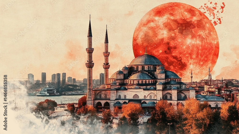 Obraz premium Mosque Stands Tall with a Red Moon Rising in the Sky, Watercolor Style Art