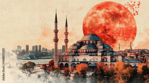 Wallpaper Mural Mosque Stands Tall with a Red Moon Rising in the Sky, Watercolor Style Art Torontodigital.ca