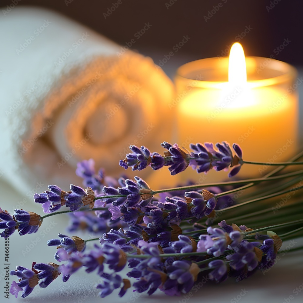 Close-up view of fresh lavender beside glowing candle and soft rolled towels, captured in warm light with gentle blur to evoke calm, scent, and peaceful spa atmosphere for wellness and therapy