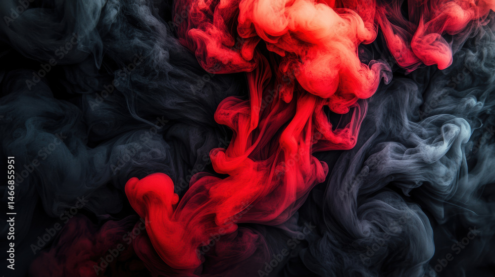 Red smoke swirling with black and gray mist creates abstract experimental pattern, blending seamlessly into otherworldly organic dance of void flare and mysterious fluid motion