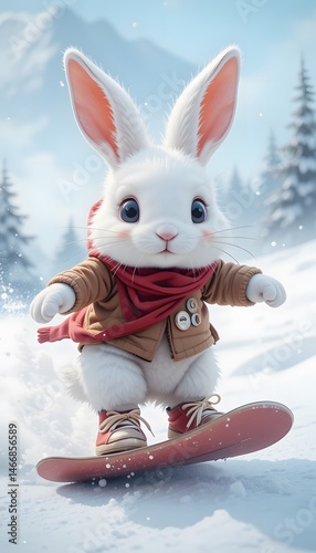 Cute cartoon bunny playing in the snow with a carrot during winter celebration