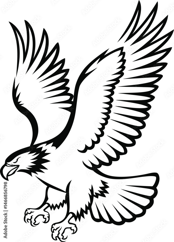 Fototapeta premium Black silhouette vector illustration of a flying eagle, a majestic bird with powerful wings, shown as a tribal design symbol