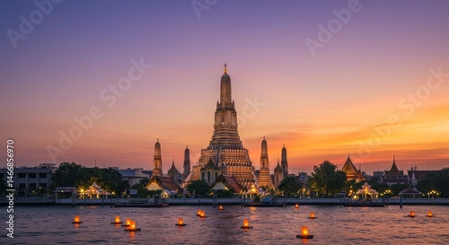 Arun Temple Sunset Panorama - Stunning sunset view of Wat Arun Ratchawararam Ratchawaramahawihan, a beautiful temple in Bangkok, Thailand, with floating lanterns on the river