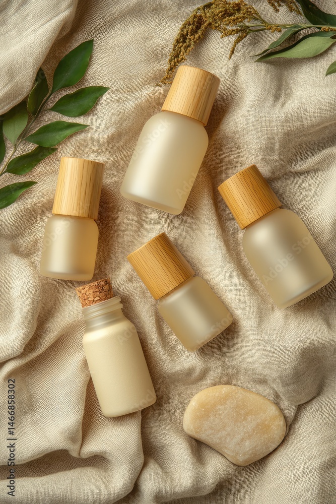 Natural-style vertical ad with matte bottles and wooden pump caps, arranged on sandy-toned fabric and stone background, perfect for organic or botanical product lines. Natural-style vertical ad with matte bottles and wooden pump caps, arranged on sandy-toned fabric and stone background, perfect for organic or botanical product lines.