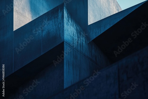 Abstract architectural photograph of a concrete building, showcasing geometric shapes and shadows.