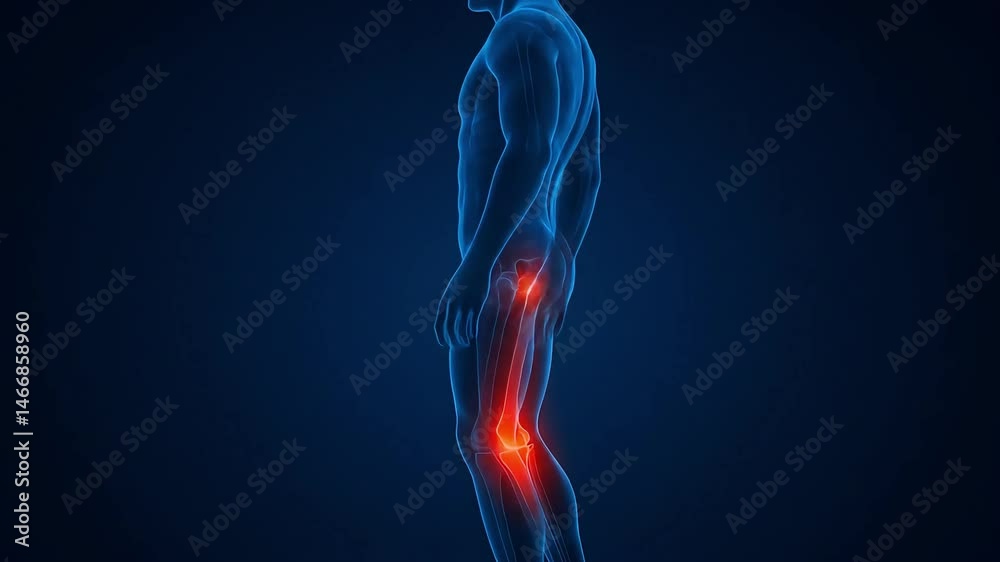 Transparent full-body illustration showing inflammation in hip and knee joints.