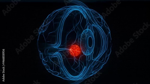 Futuristic 3D view of human eye anatomy with red-highlighted optic nerve tumor