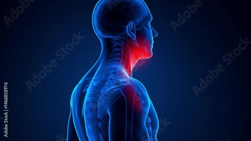 Highlighted throat and esophagus in red showing inflammation in a male figure.