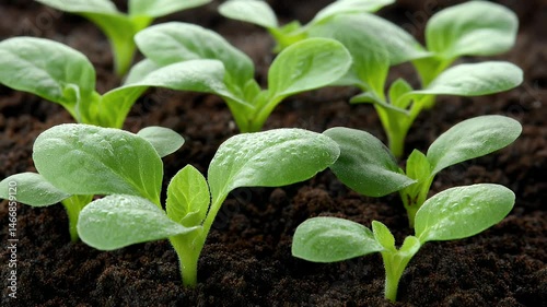 Fresh green seedlings emerging from rich dark soil, symbolizing growth and renewal in a vibrant garden setting