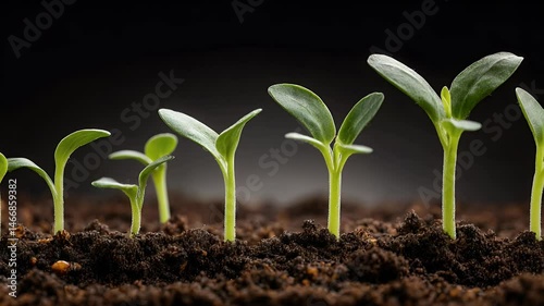 Fresh green seedlings sprouting from rich, dark soil, symbolizing growth and renewal in a serene, natural environment
