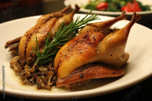 Roasted quail with wild mushroom stuffing --ar 3:2 --v 7 Job ID: cc4587da-c02b-4fdc-a71b-313f0cd30b5e