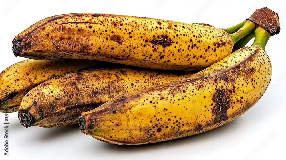 A bunch of ripe, speckled bananas arranged on a clean white background, ideal for food photography A bunch of ripe, speckled bananas arranged on a clean white background, ideal for food photography