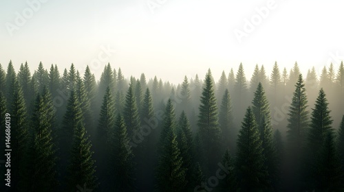 Misty Evergreen Forest at Sunrise Aerial View of Coniferous Trees