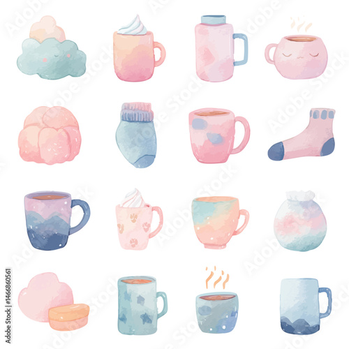 A Watercolor - Inspired Mother's Day Tribute: Cozy Mugs and Heart - warming Elements,Knitted socks, hot coffee, elements of life